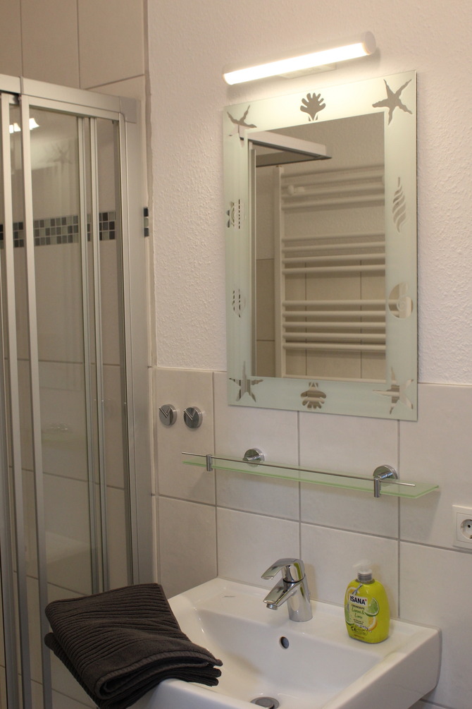 Ferienwohnung in Niendorf/Ostsee - Moesickes kleine FeWo - Bad mit Dusche, Waschbecken und WC